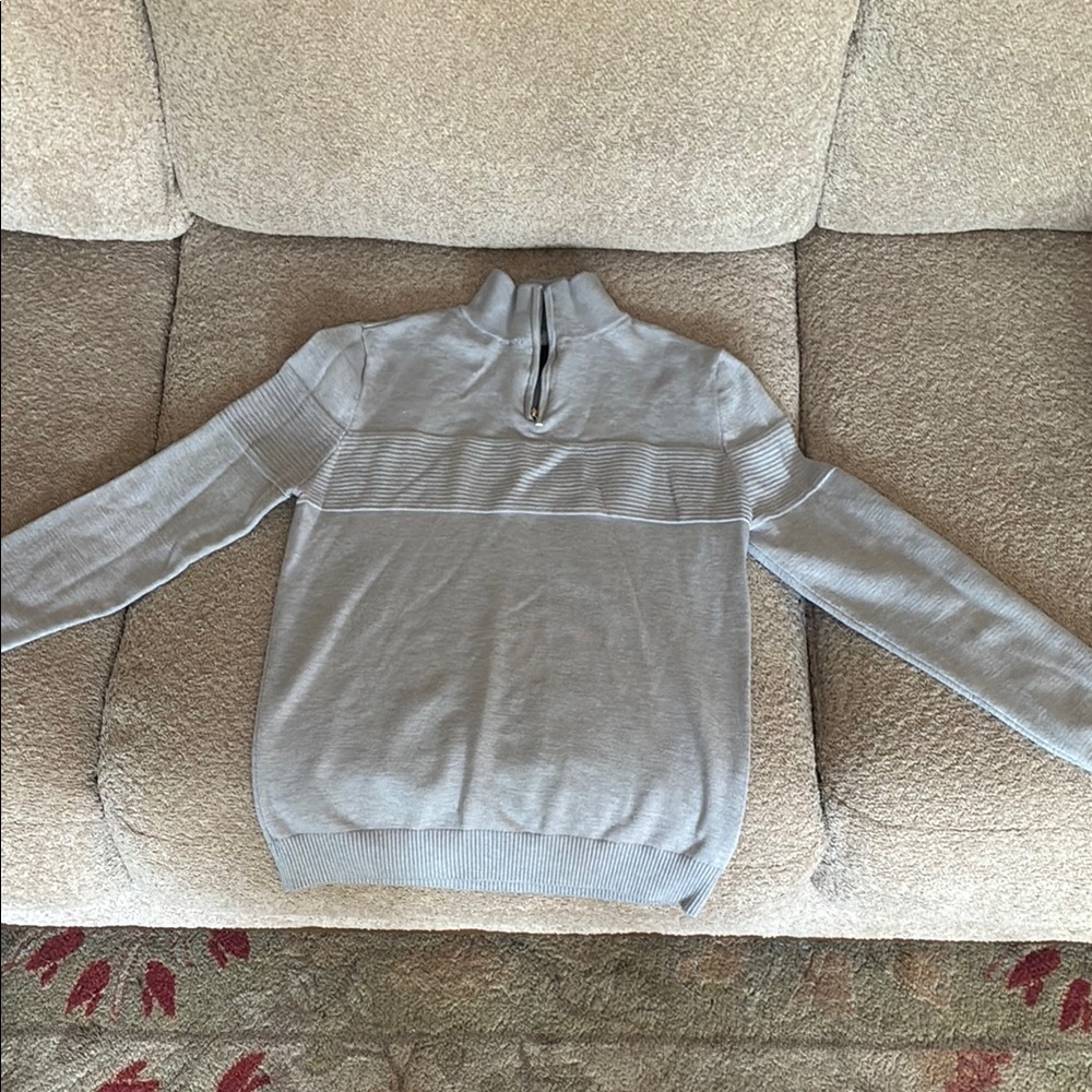 Gray Zip Up Sweater with Mock Neck and Seam Detail
